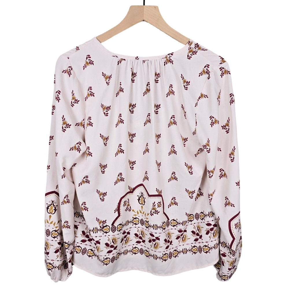 Bobeau Boho Peasant Blouse White Burgundy Floral Long Sleeve Size XS - Picture 3 of 4
